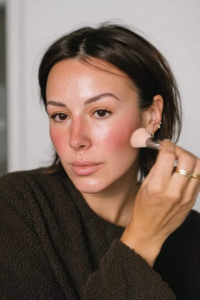 Young woman layering powder blush over cream blush for soft rosy cheeks