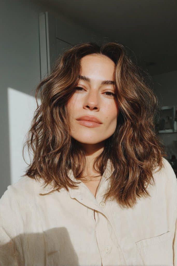 Low-maintenance chai latte hair with natural dark roots and caramel lengths