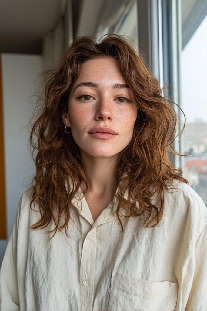 Low-maintenance maple brown hair with natural darker roots