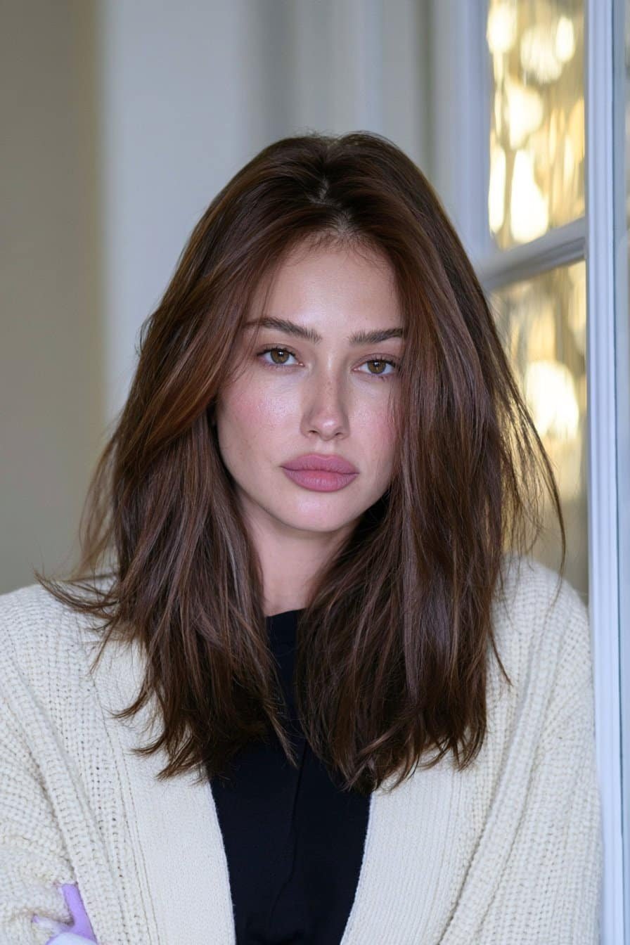 Fine shoulder-length hair in dimensional mahogany brown