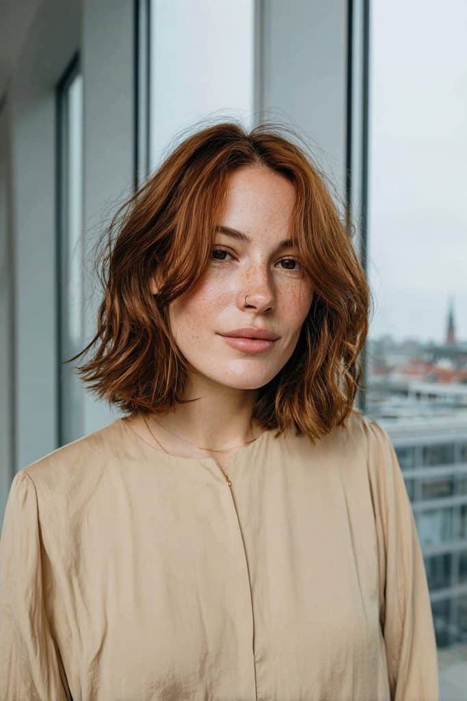 Layered maple brown bob with warm chestnut dimension