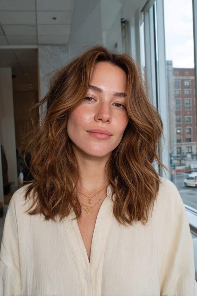 Maple brown hair with a soft brunette shadow root