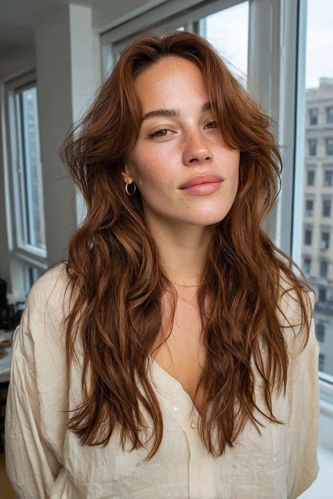 Dimensional maple brown hair with warm amber reflections