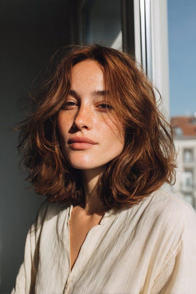 Medium-length layered hair in dimensional maple brown