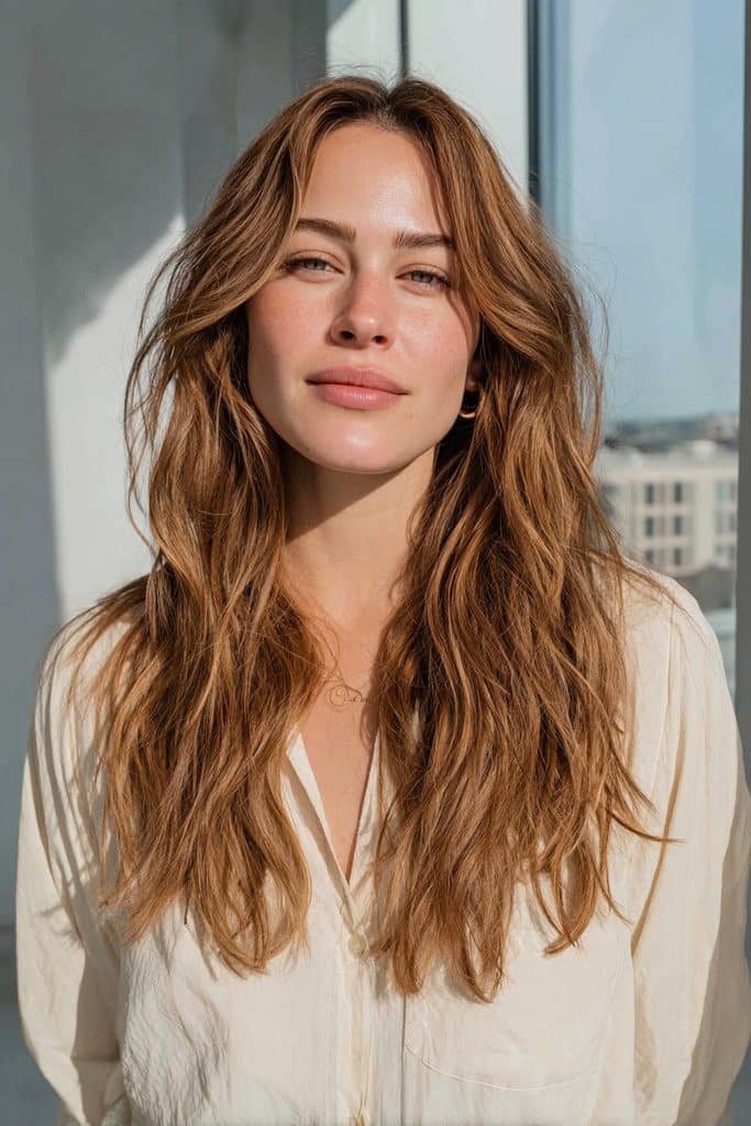 Maple brown hair with honey-blonde money pieces