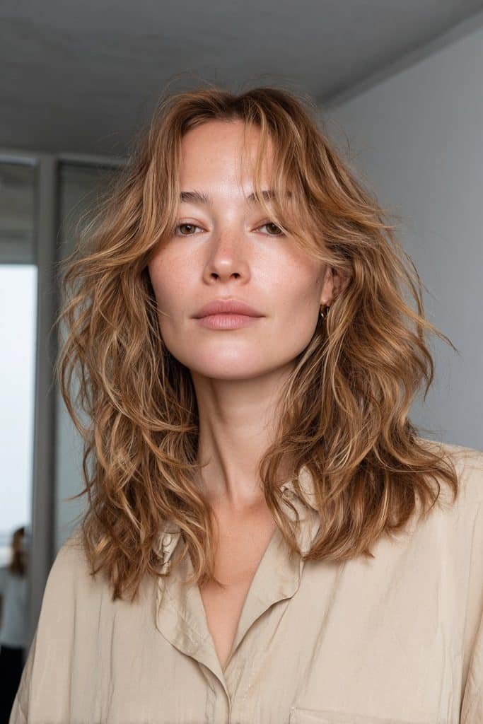 Maple brown hair with softly blended caramel ribbons