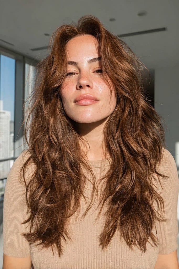 Maple brown hair with soft chunky caramel highlights