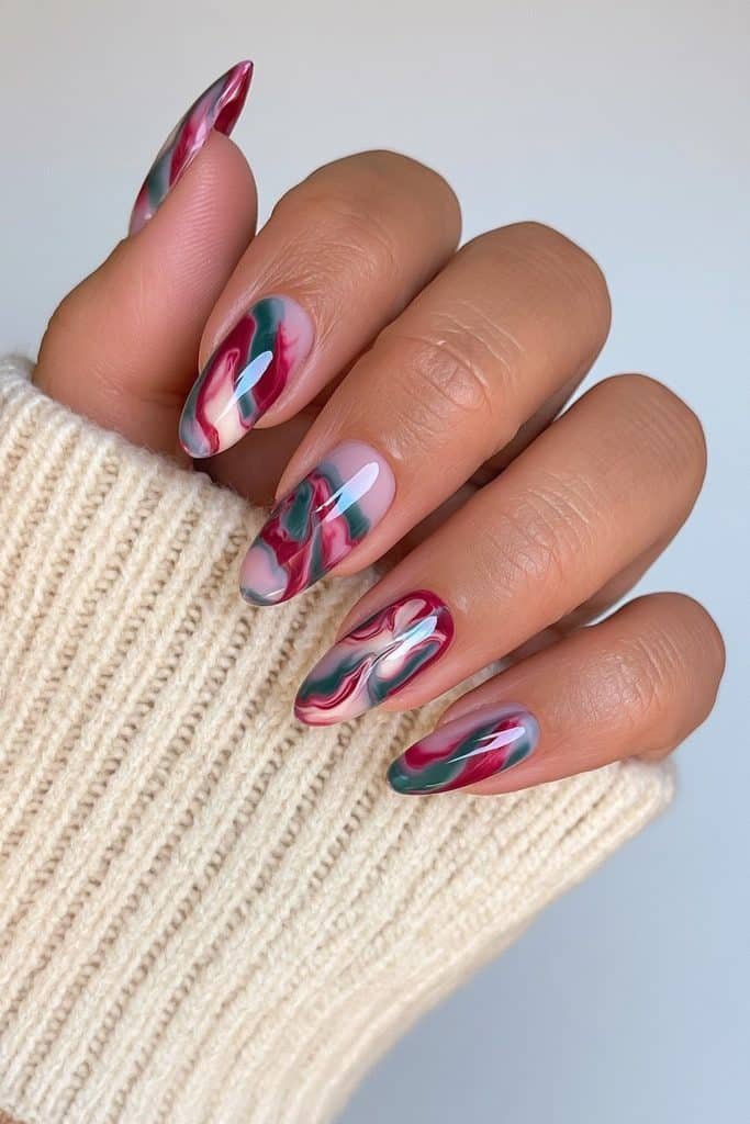 Red and green marble swirl almond nails