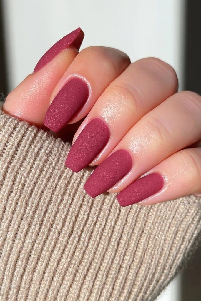 Deep cranberry coffin nails with matte finish