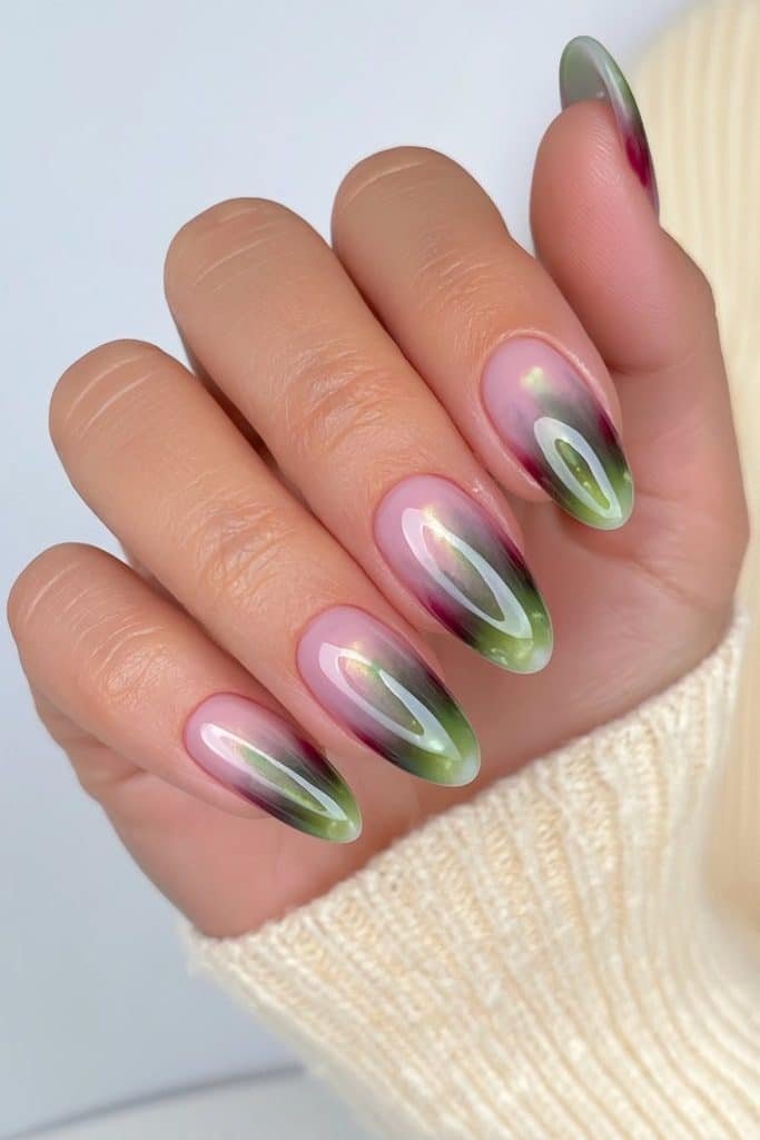 Cherry red to forest green gradient nails