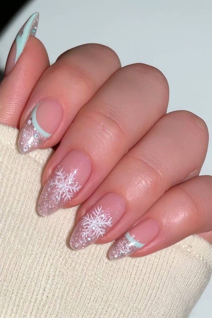Sheer nails with negative-space snowflake line art