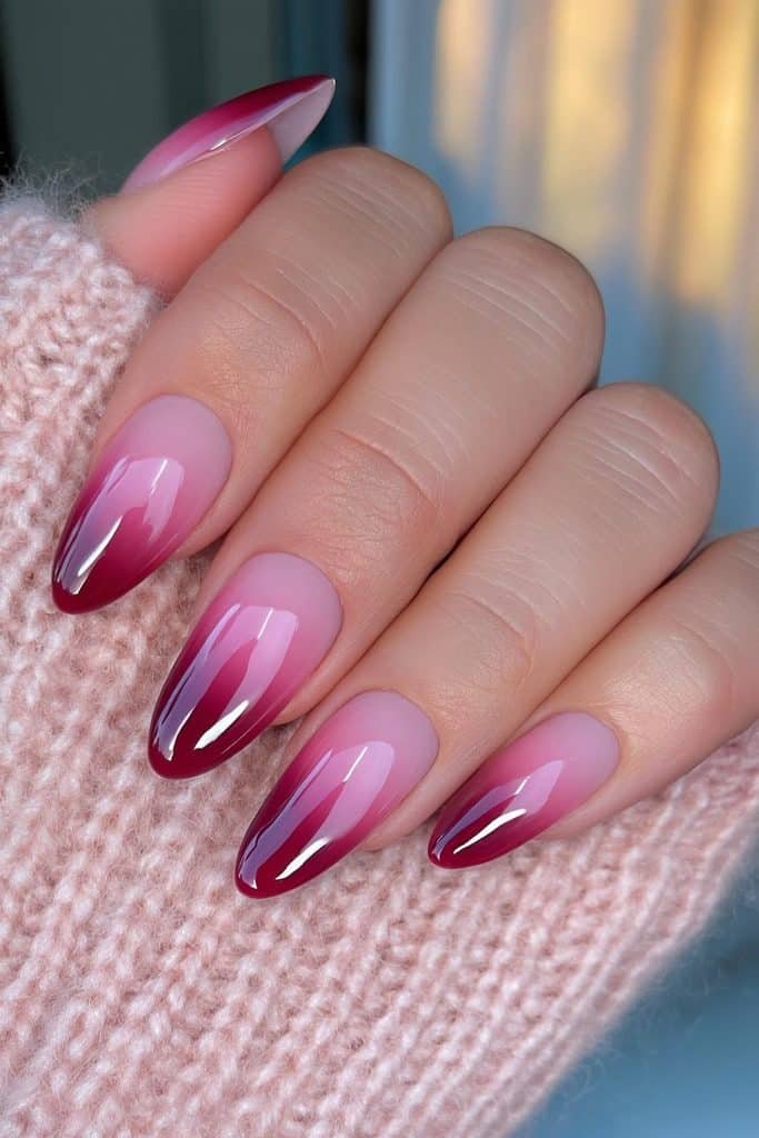 Rosy pink to cranberry ombré nails