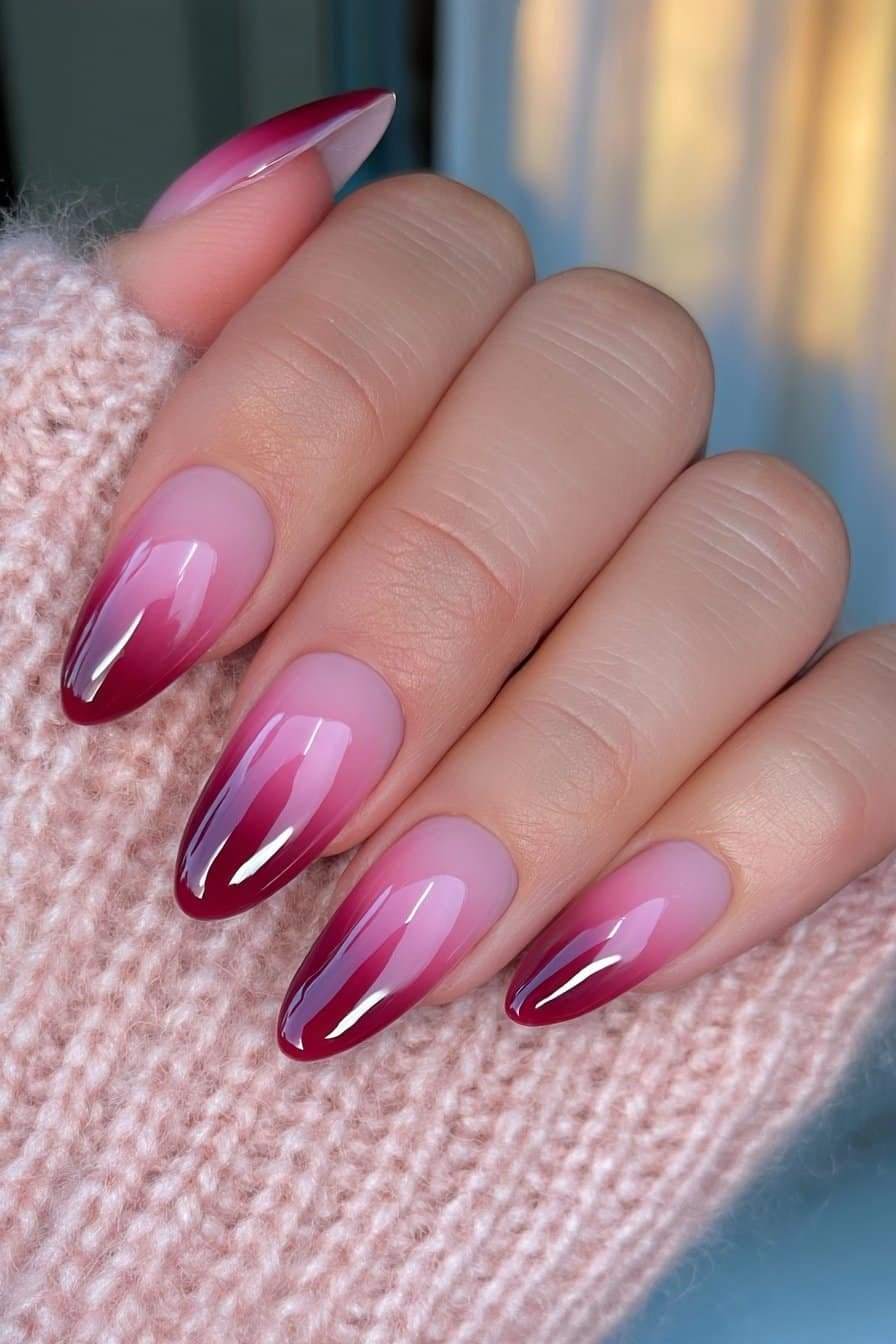 Rosy pink to cranberry ombré nails