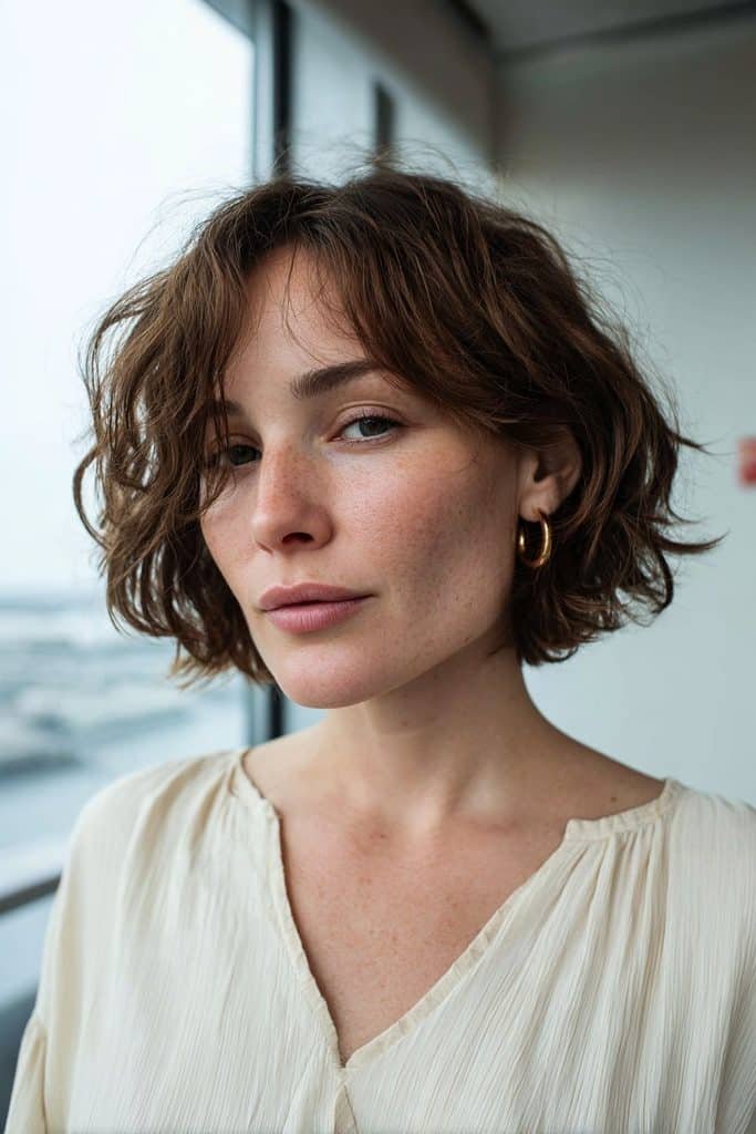 Soft rounded pixie bob with flowing layers and side-swept fringe