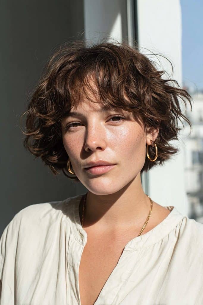 Pixie bob with long face-framing layers around the jaw