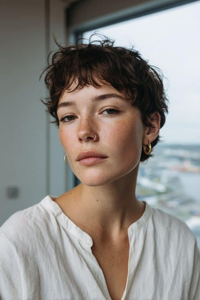 Pixie bob with cropped micro-fringe and textured sides