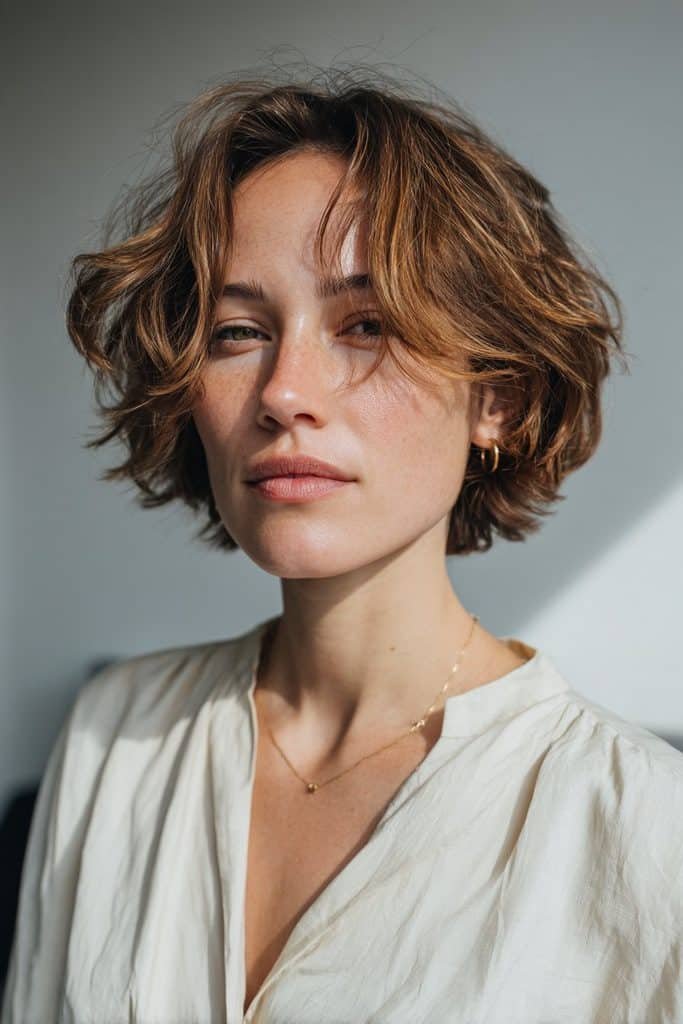 Layered pixie bob with subtle caramel and beige highlights
