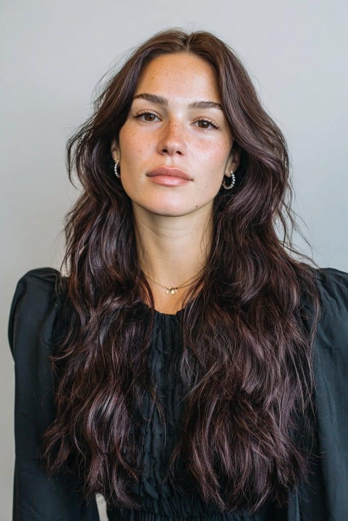 Plum-kissed espresso hair with subtle wine and violet undertones