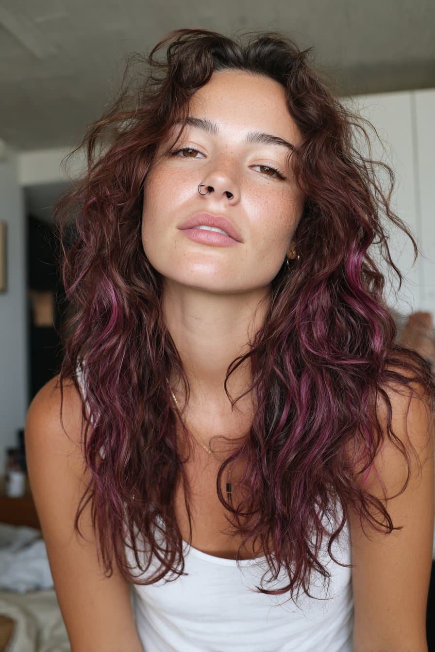 Plum hair with vivid fuchsia streaks