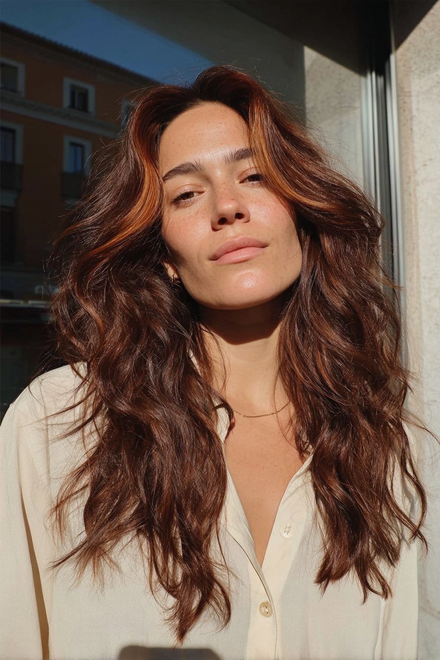 Brunette hair with pumpkin spice face-framing highlights