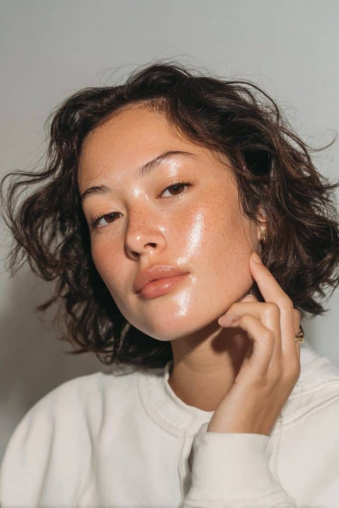 Young woman applying dewy cream highlighter for an icy winter glow
