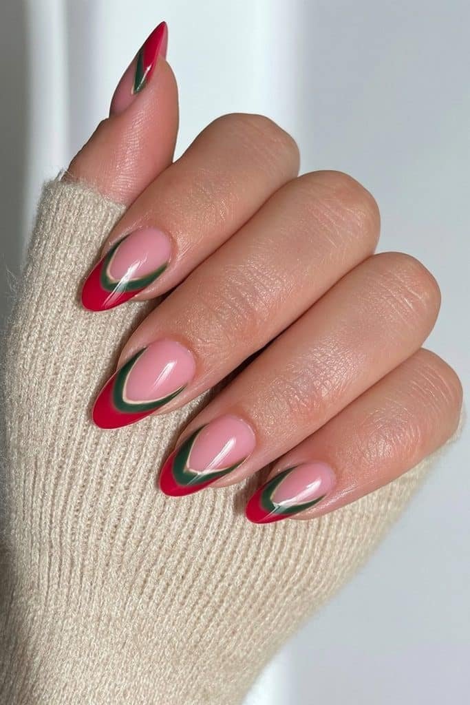 Forest green nails with cherry red French tips