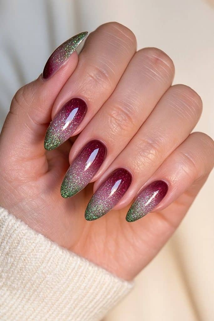 Cranberry red nails with emerald glitter gradient