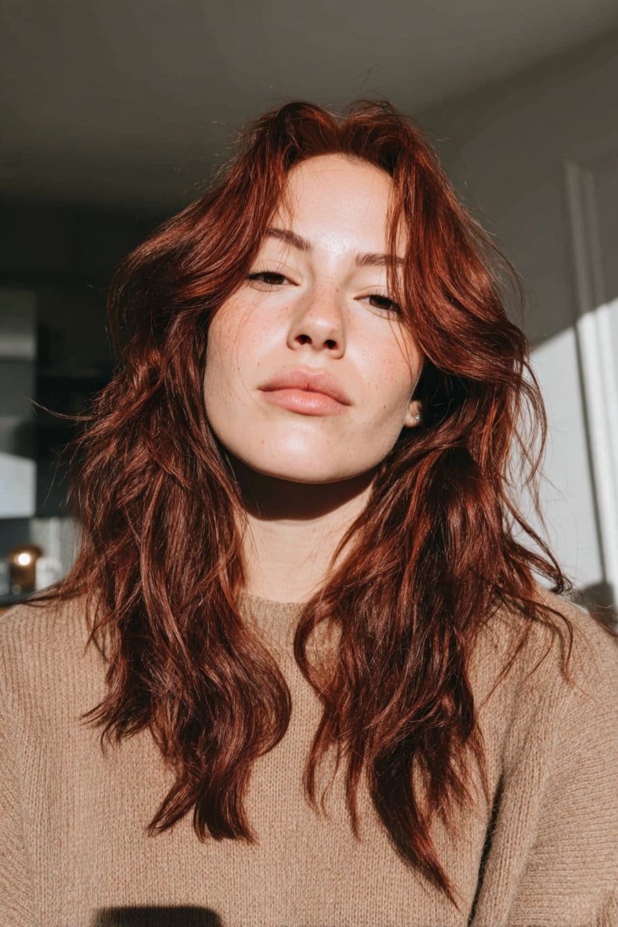 Long layered hair in rich red velvet tones