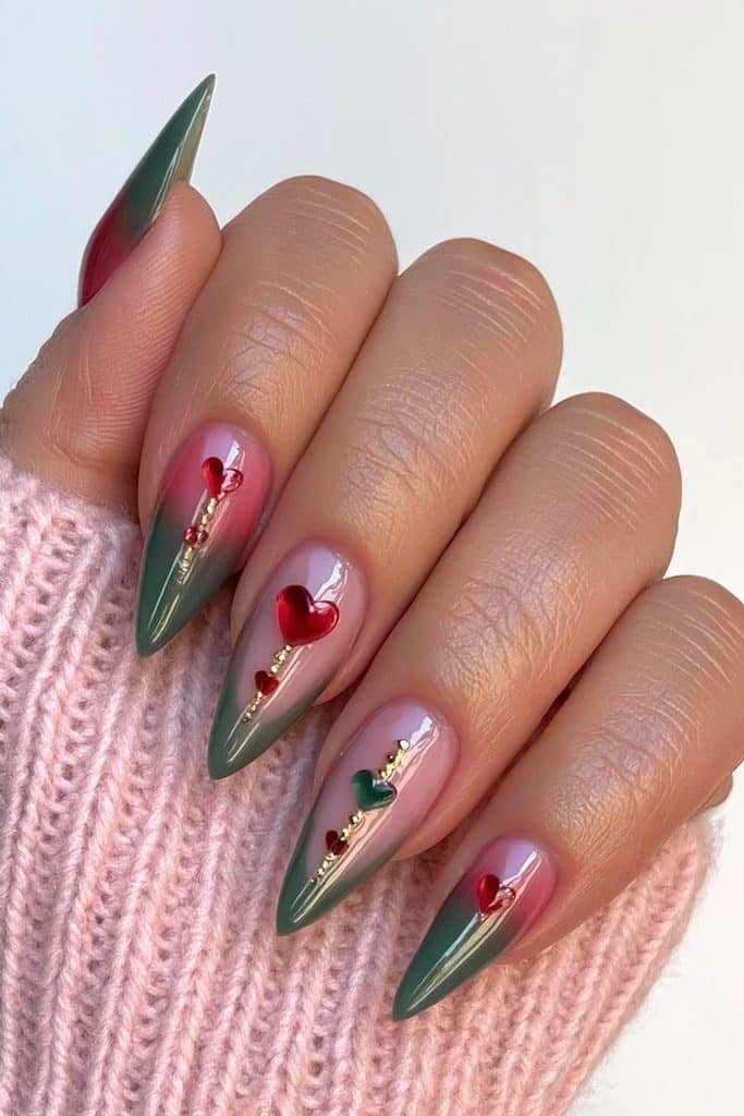 Red and green nails with tiny heart accents