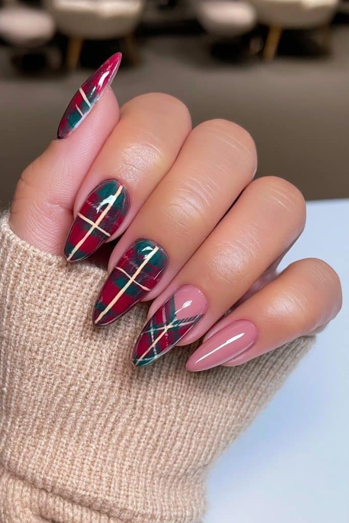 Red and green plaid almond nails with cream lines