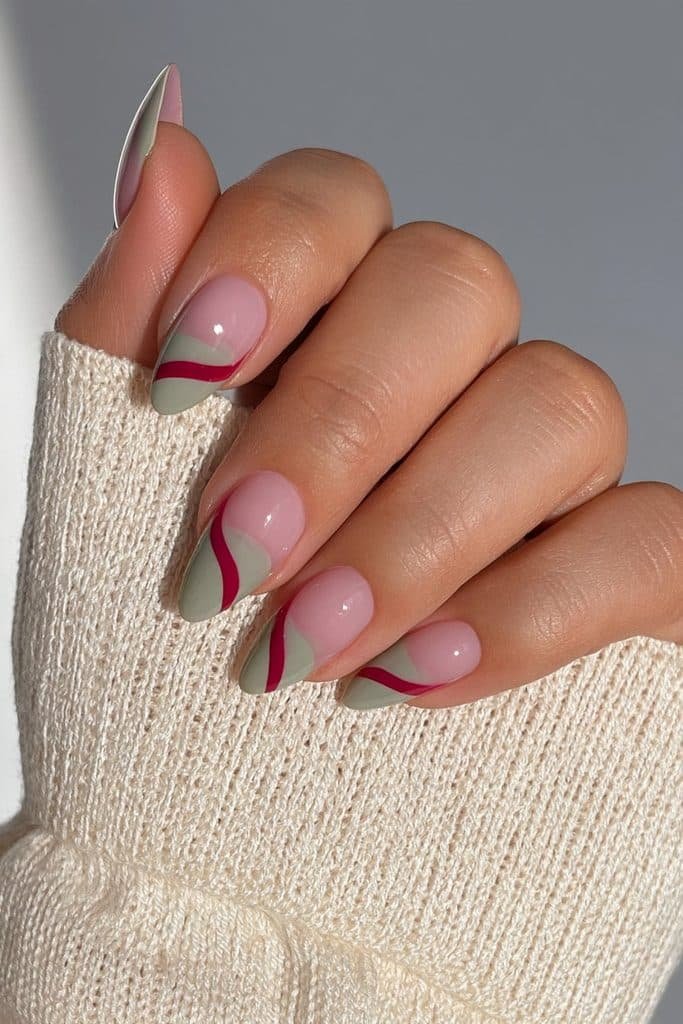 Sage green and cherry red minimalist nails