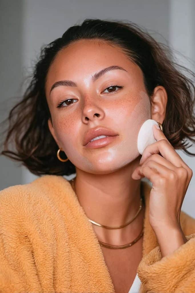 Young woman applying lightweight translucent powder over her winter makeup