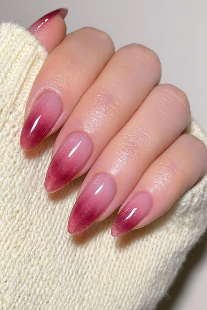Sheer cranberry jelly nails with glass-like shine