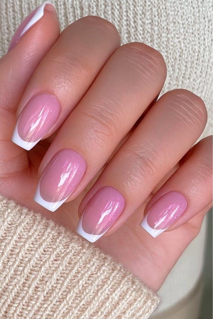 Short nude coffin nails with crisp white French tips