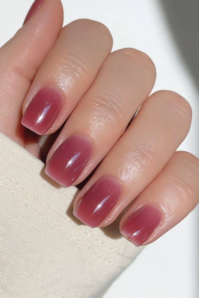Short squoval nails in classic cranberry red