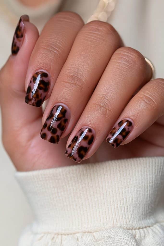 Short squoval tortoiseshell nails in amber and caramel tones