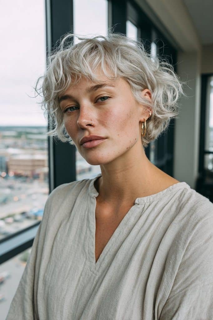 Silver pixie bob with cool grey tones and airy layers