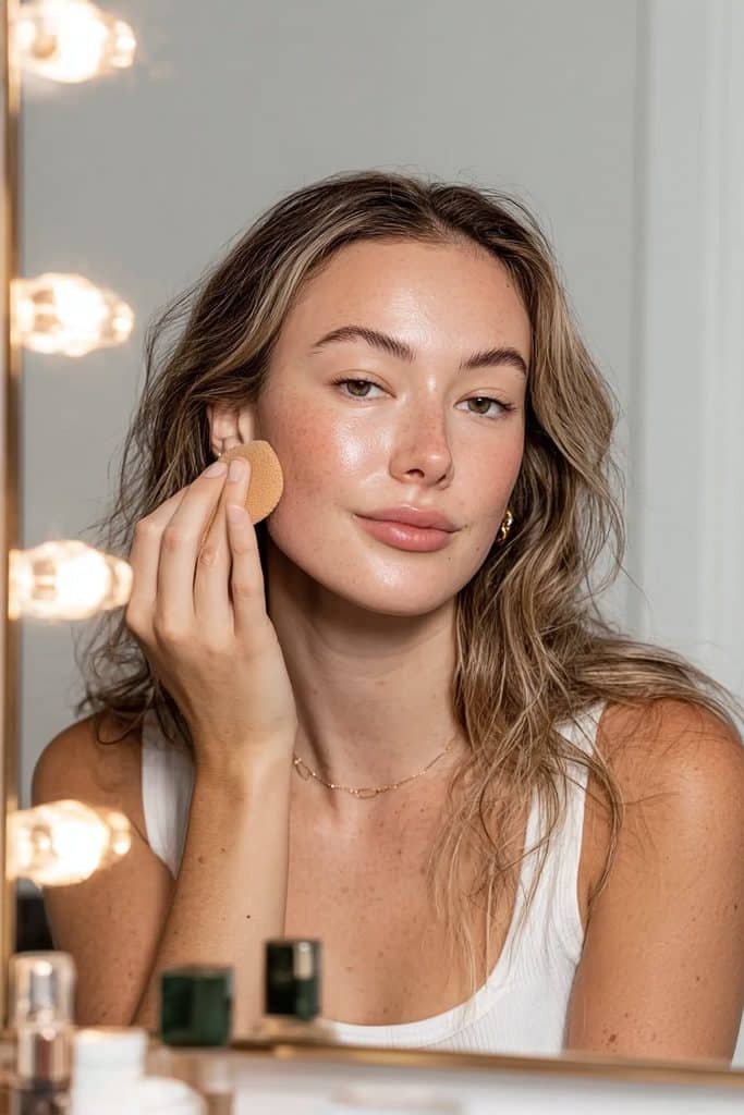 Young woman applying sheer skin tint for a natural winter complexion