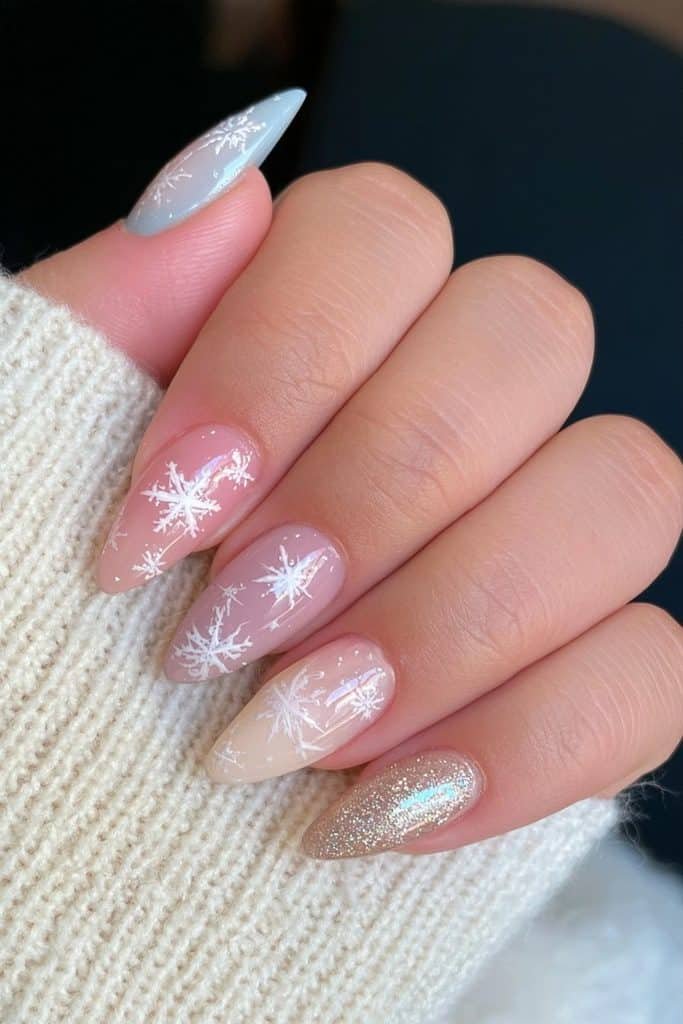 Winter skittle nails with delicate snowflake details
