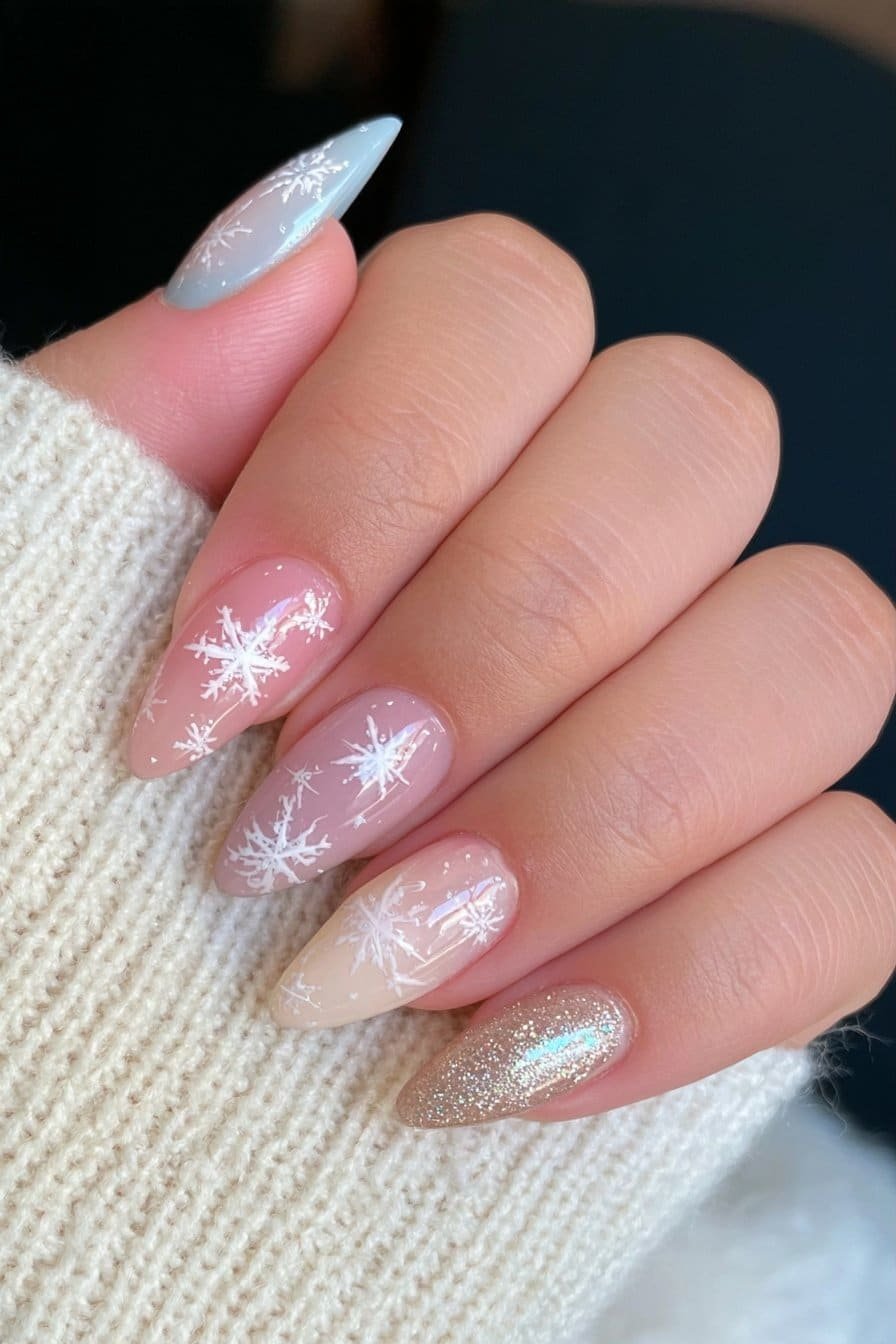 Winter skittle nails with delicate snowflake details