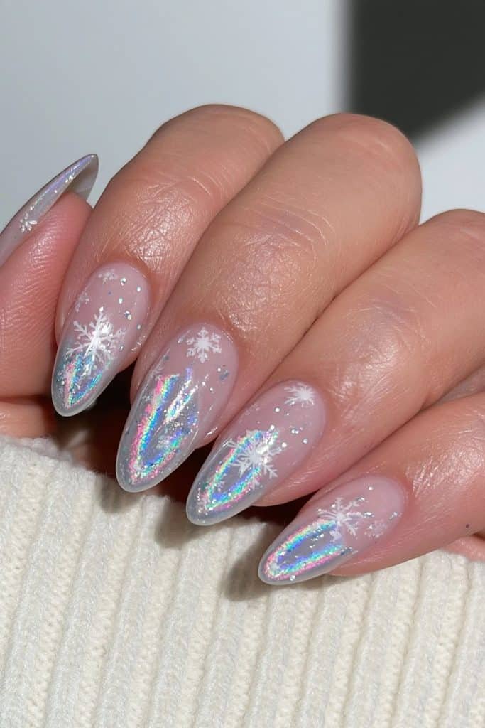 Holographic snow-globe nails with sparkling snowflakes