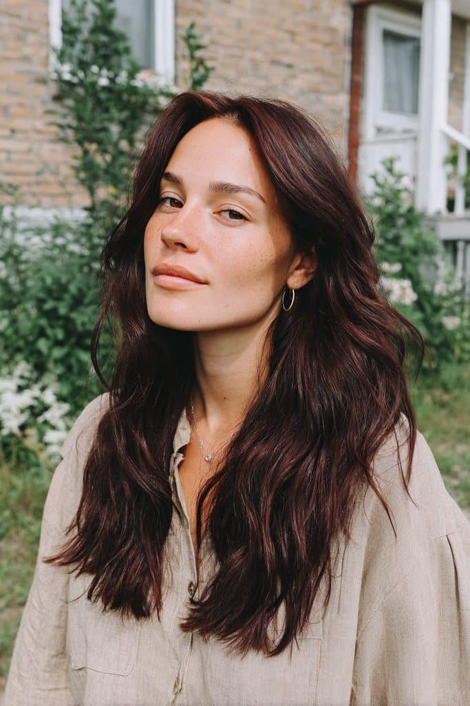 Soft black cherry balayage with deep brunette roots and muted burgundy tones