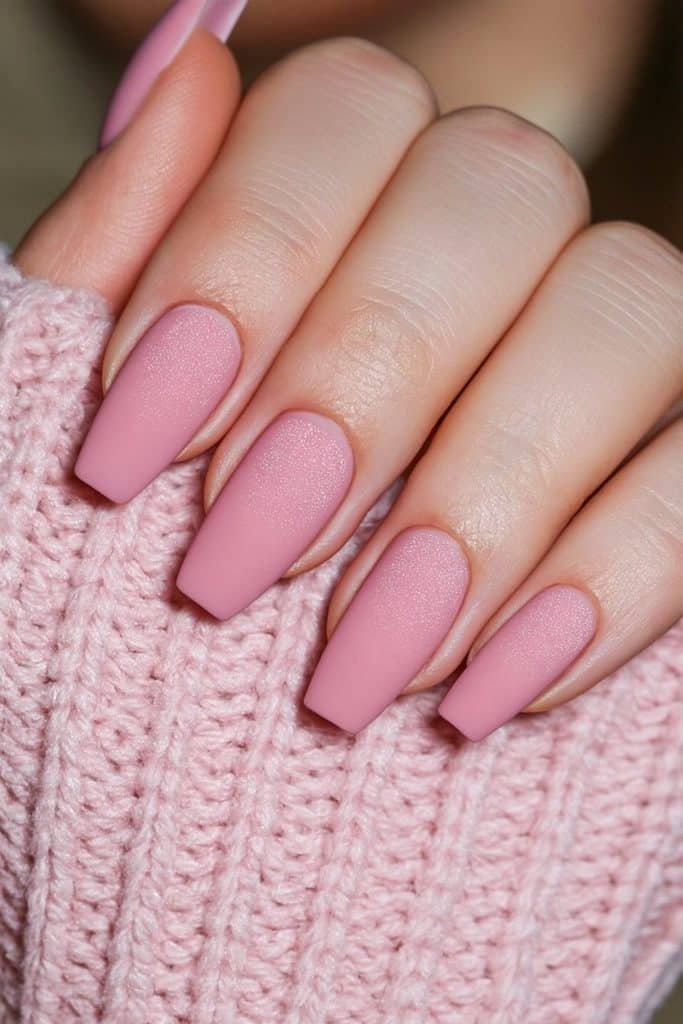Soft pink velvet matte coffin nails with shimmer