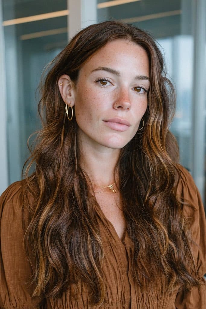 Soft toffee balayage with rich brunette roots and warm caramel ribbons
