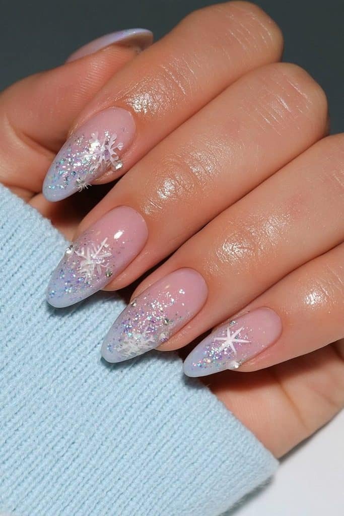 Icy nails with 3D snowflakes and silver sparkle