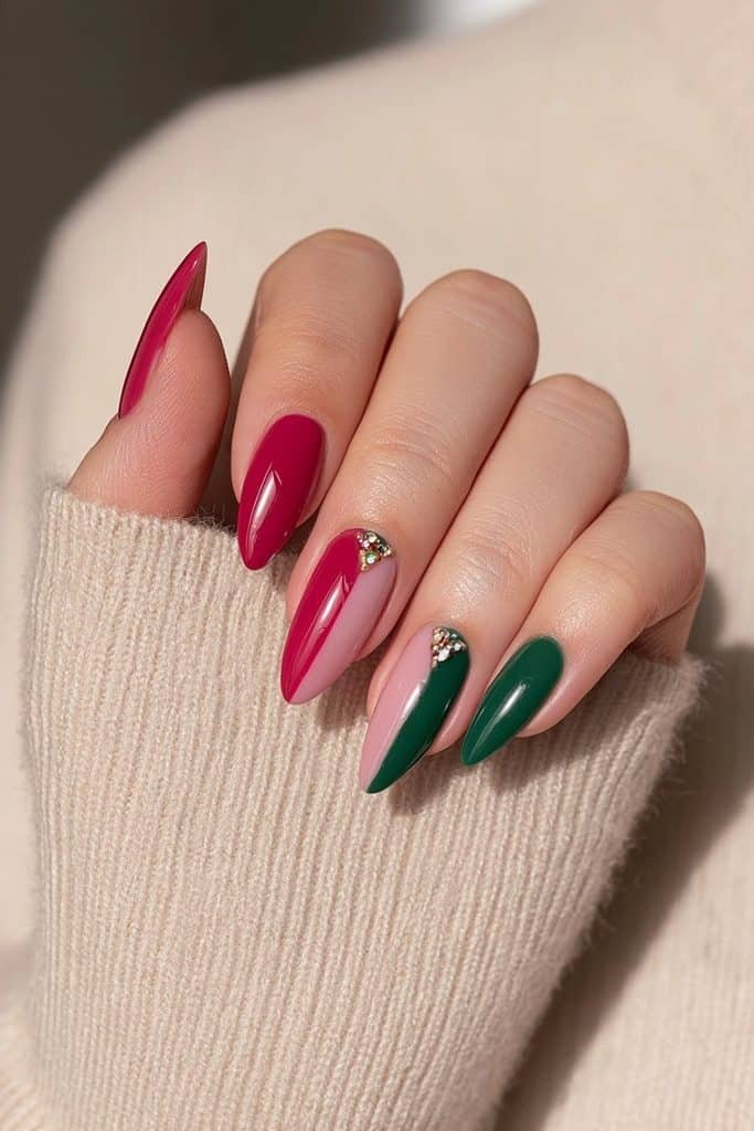 Split-hand glossy red and forest green nails
