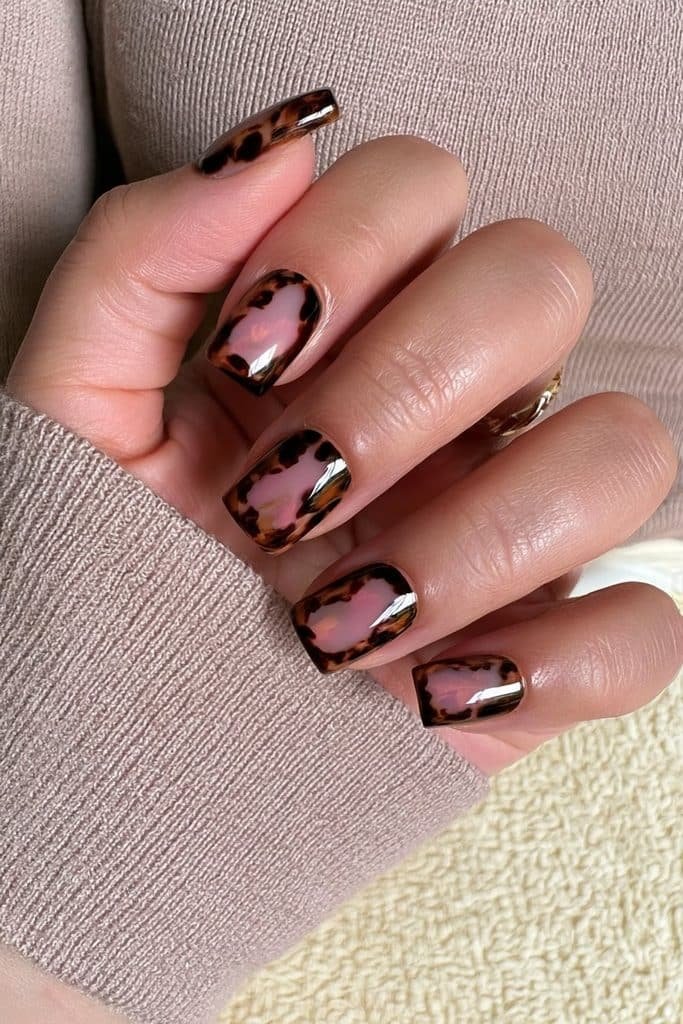 Medium square tortoiseshell nails with amber and brown layers