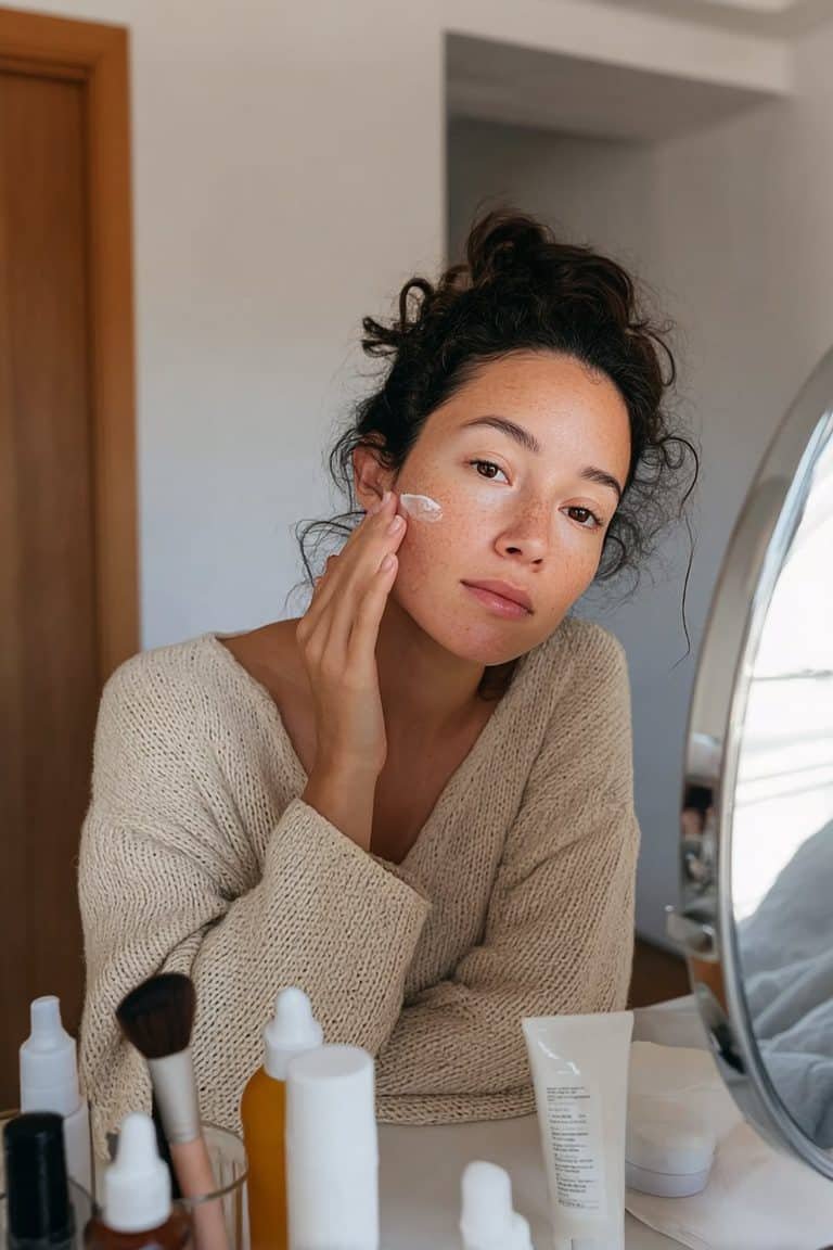Young woman applying hydrating primer for a fresh winter makeup look