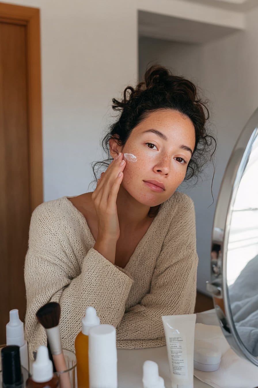 Young woman applying hydrating primer for a fresh winter makeup look
