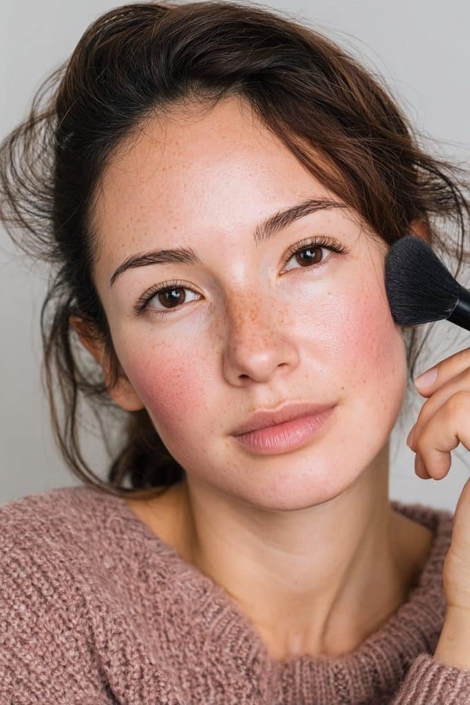 Young woman applying cool pink blush across cheeks and nose